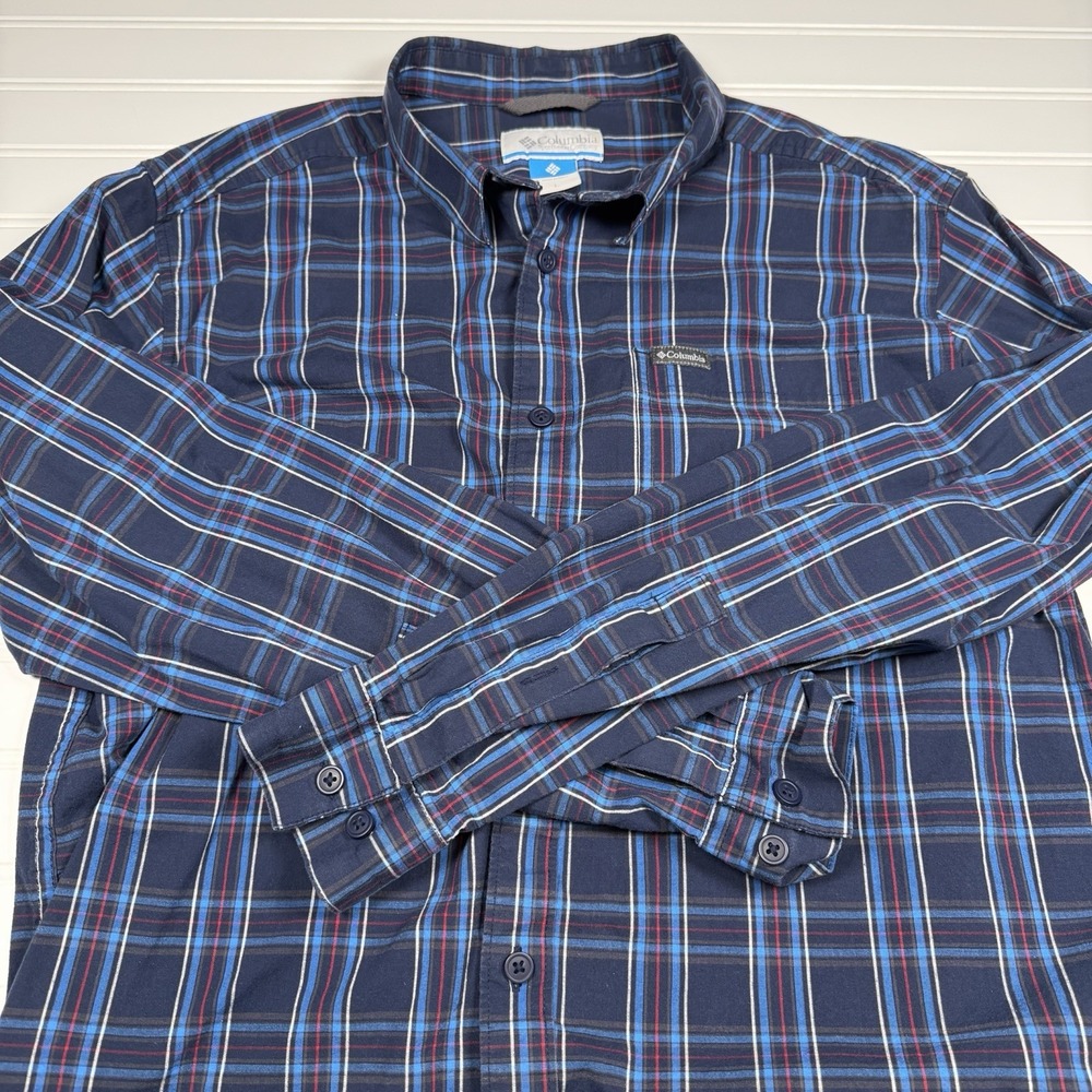 Columbia Sportswear Button Up Long Sleeve Shirt Men's Large Plaid Blue Red GUC